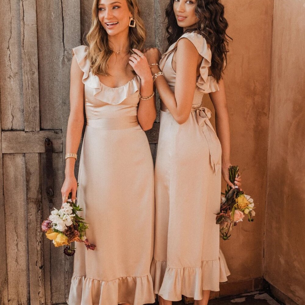 Show Me Your MuMu Alexis MIDI Dress in Champagne Luxe Satin + Waist Ribbon